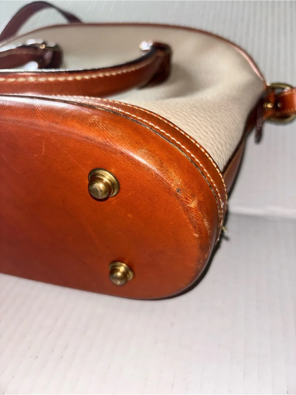 Dooney & Bourke Cream and Brown Leather Dome Satchel Handbag